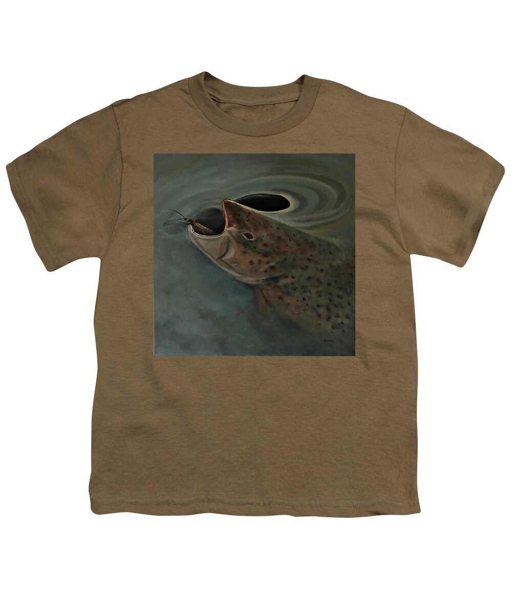 Fishing Youth T-Shirt featuring the painting Salmon Flies are Back by Les Herman