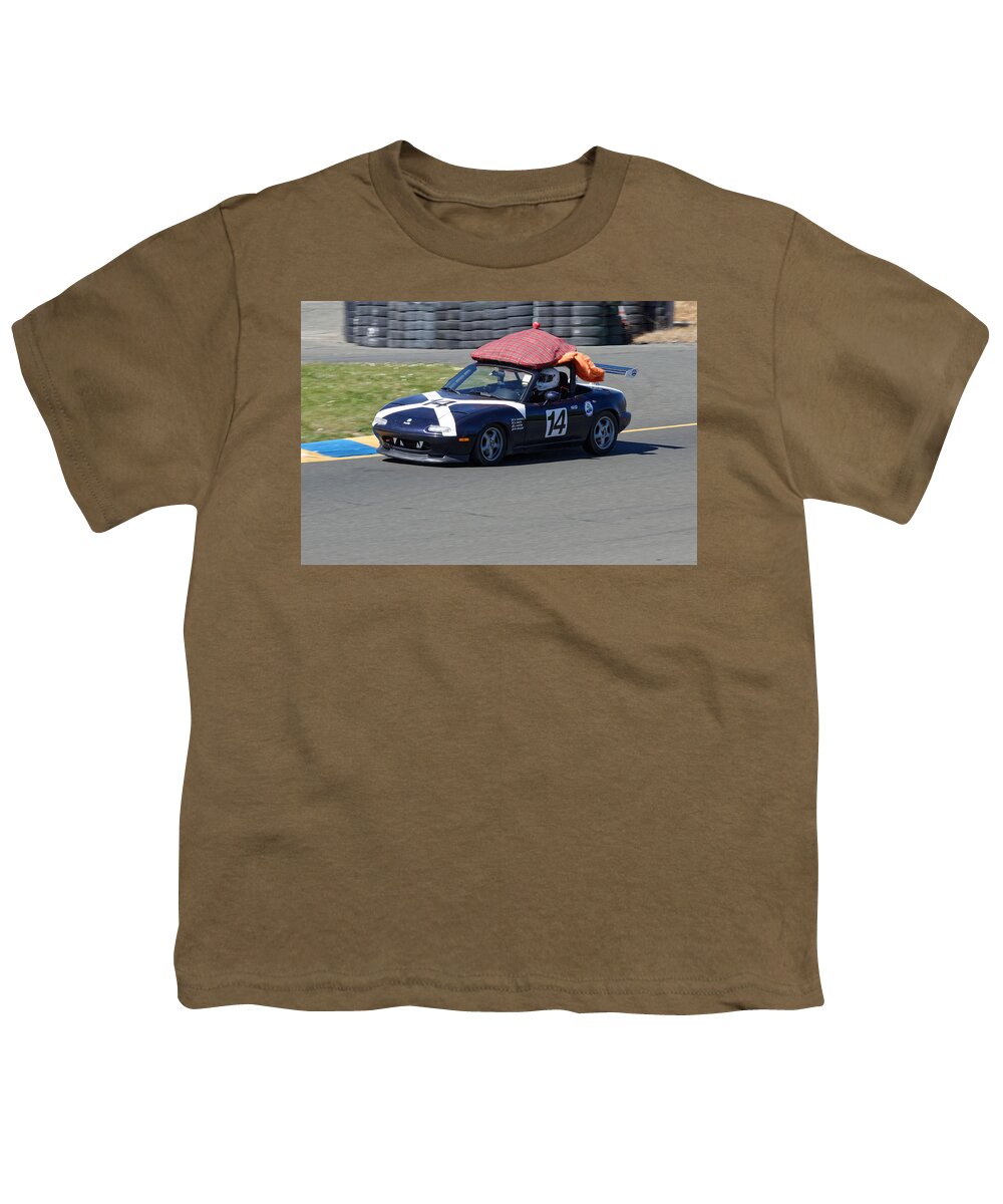 Sports Youth T-Shirt featuring the photograph Scotty We Need More Power -- Mazda Miata at the 24 Hours of LeMons Race in Sonoma, California by Darin Volpe