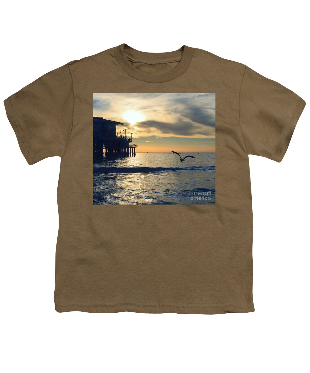 Seagull Youth T-Shirt featuring the photograph Seagull Pier Sunrise Seascape C2 by Ricardos Creations