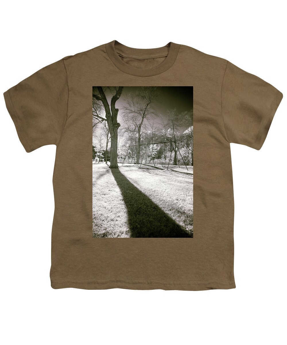 Shadow Shadows Swingset Swings Swing Set Play Ground Playground Park Public Outside Outdoors Nature Ir Infrared Infra Red Nanometer Brian Hale Brianhalephoto Hudson Ma Mass Massachusetts Sun Sky Trees Tree Youth T-Shirt featuring the photograph Shadow of a Memory by Brian Hale