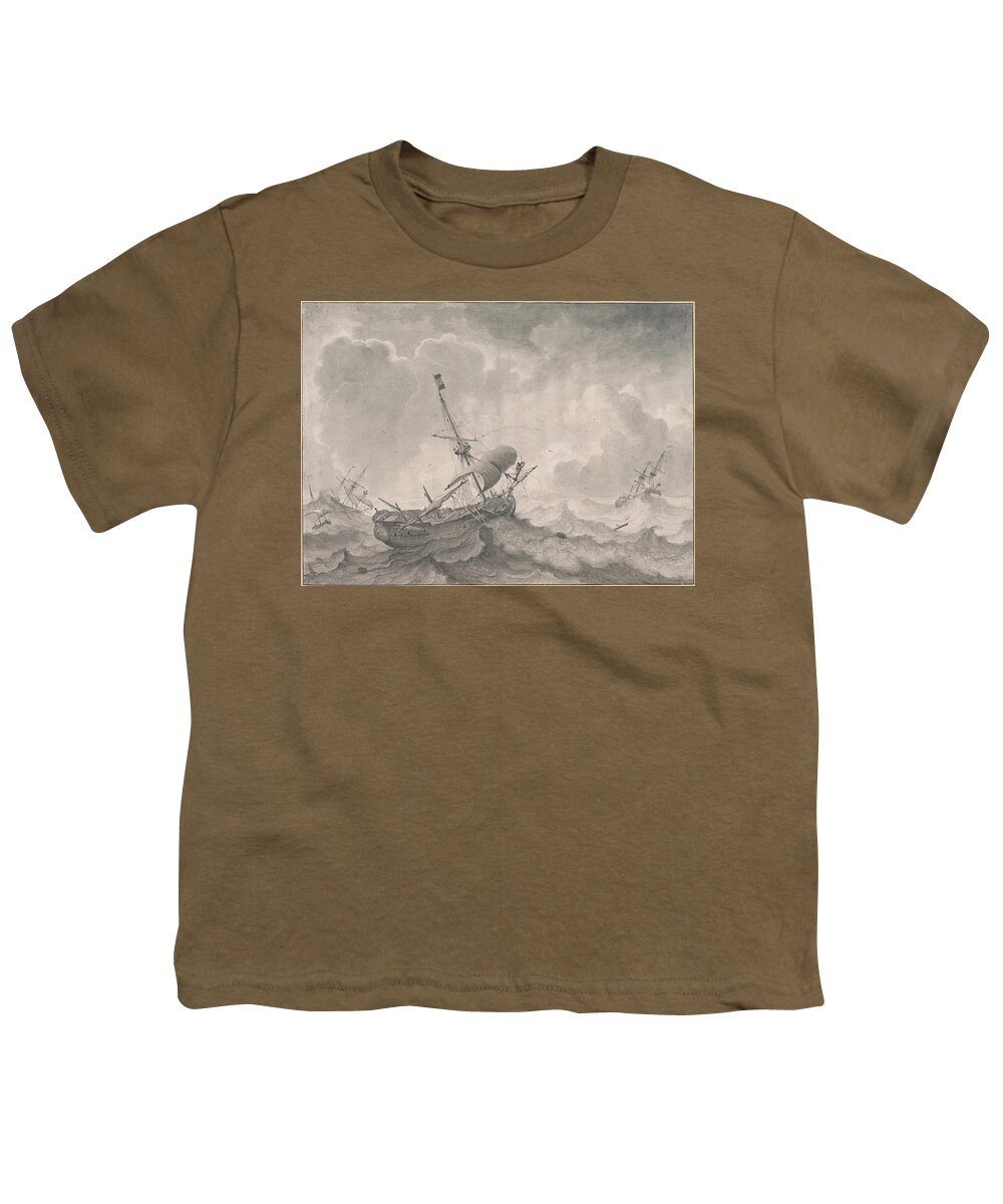 Ludolf Bakhuizen Youth T-Shirt featuring the drawing Ships on a Stormy Sea by Ludolf Bakhuizen