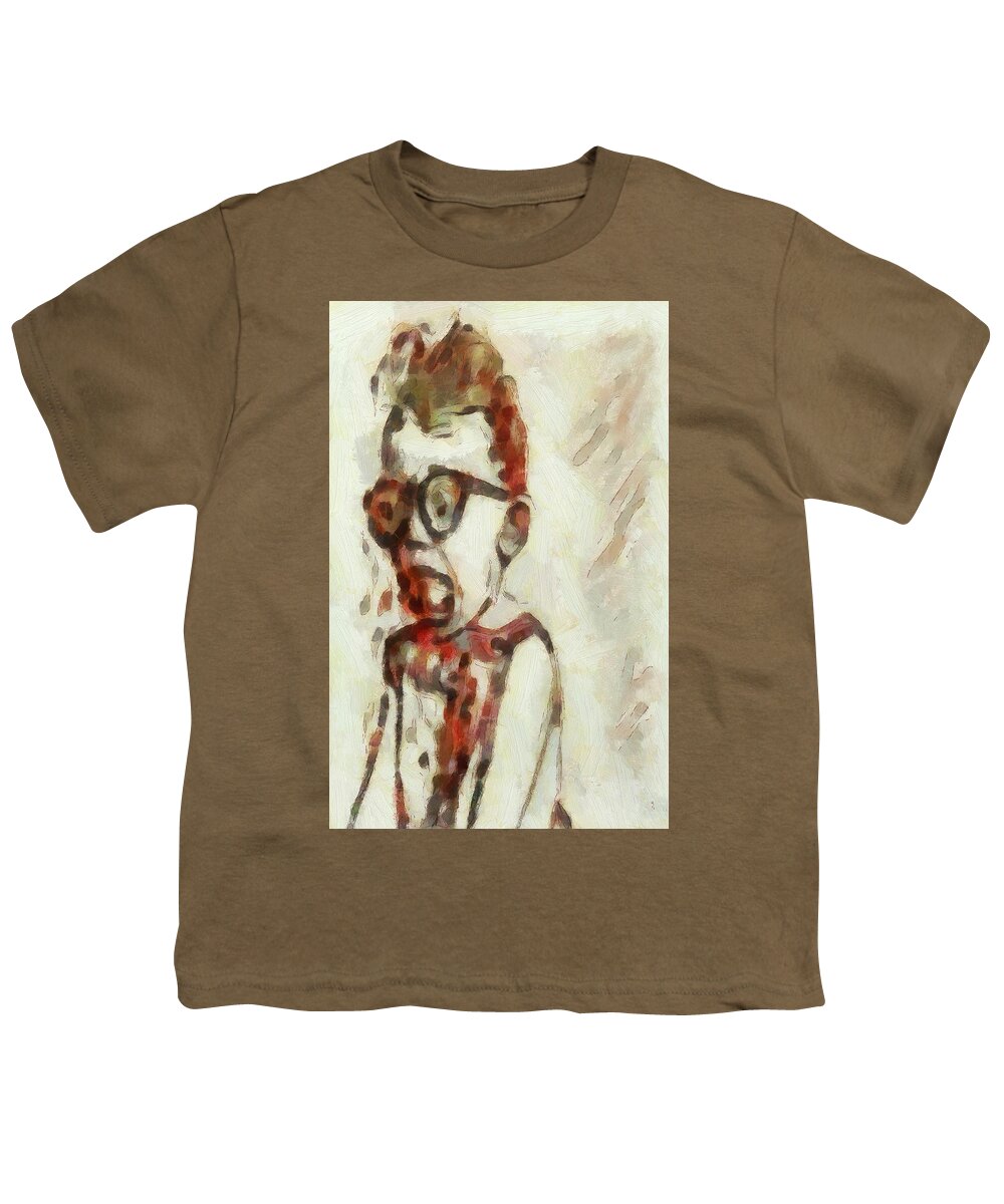 Shocked Youth T-Shirt featuring the painting Shocked Scared Screaming Boy with curly red hair in glasses and overalls in acrylic paint as a loose by MendyZ