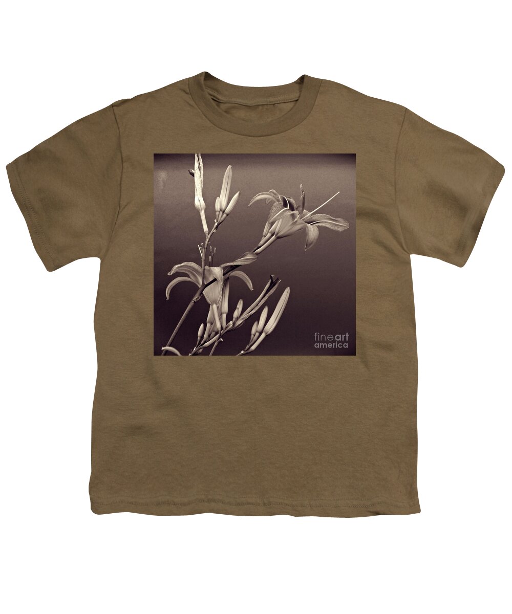 Lily Youth T-Shirt featuring the photograph Sidewalk Lilies Sepia Square Format by Sarah Loft