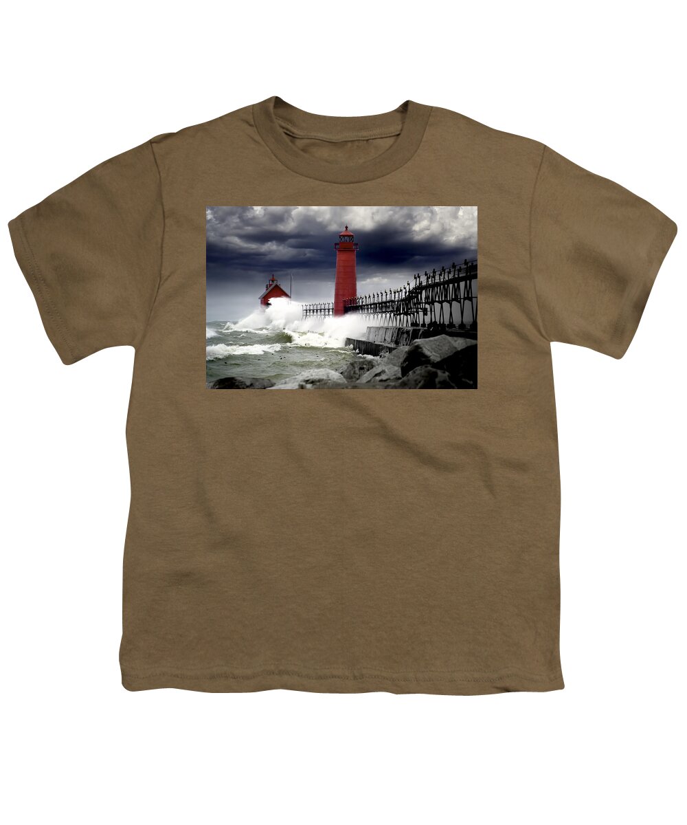 Art Youth T-Shirt featuring the photograph Storm at the Grand Haven Lighthouse by Randall Nyhof
