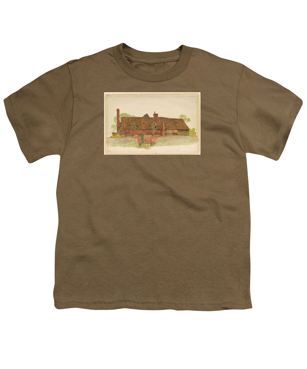 Kate Greenaway 1846-1901 Study Of A Long Cottage With Dormer Windows And Tiled Upper Wall. Beautiful House Youth T-Shirt featuring the painting Study of a Long Cottage with Dormer Windows by MotionAge Designs