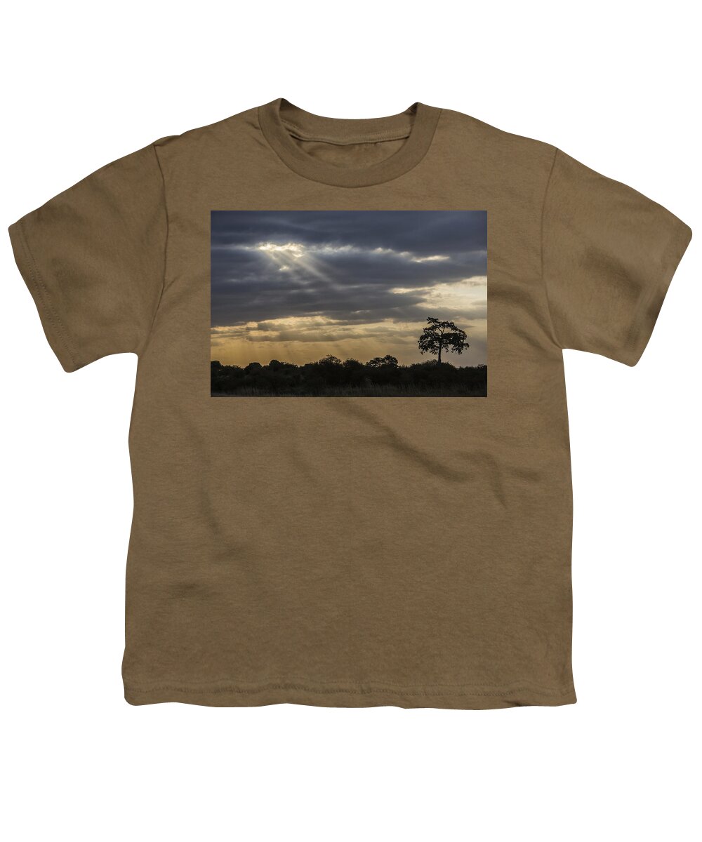 Crepuscular Rays Youth T-Shirt featuring the tapestry - textile Sunset Africa 2 by Kathy Adams Clark