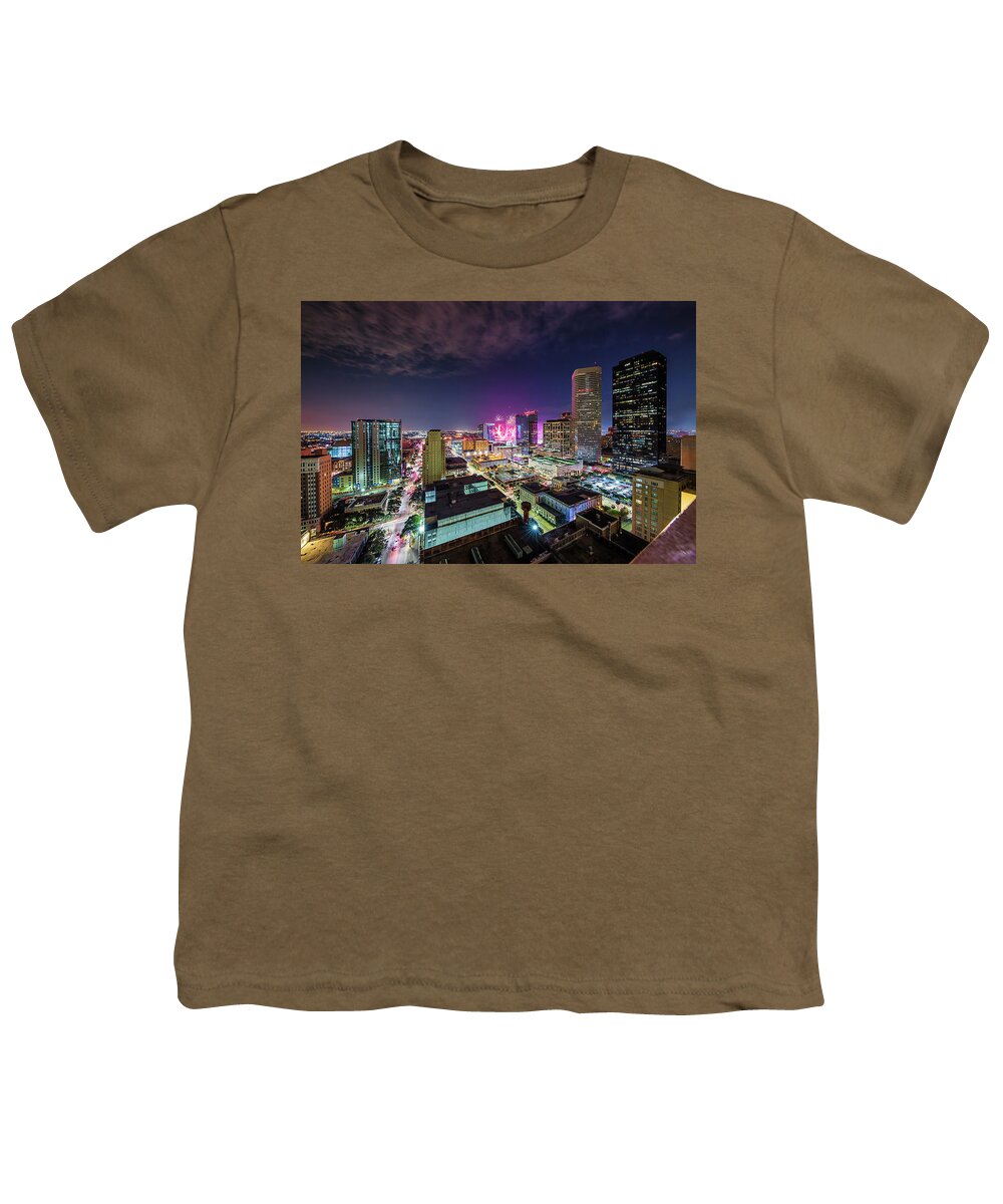 Super Youth T-Shirt featuring the photograph Super Bowl LI Down Town Houston Fireworks by Micah Goff