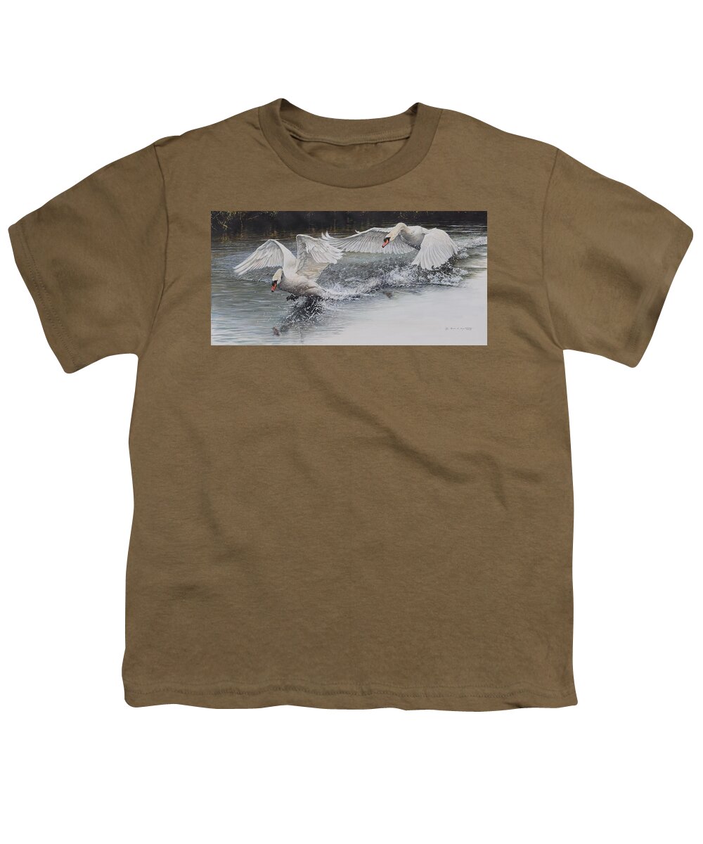 Wildlife Paintings Youth T-Shirt featuring the painting Swans in Dispute by Alan M Hunt