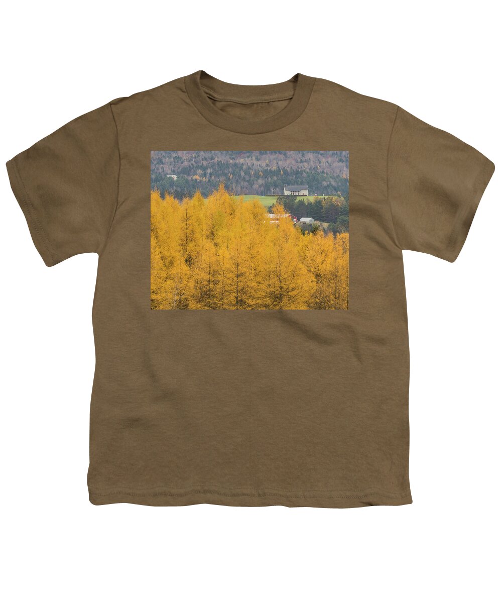 Vermont Youth T-Shirt featuring the photograph Tamaracks and the Chapel by Tim Kirchoff