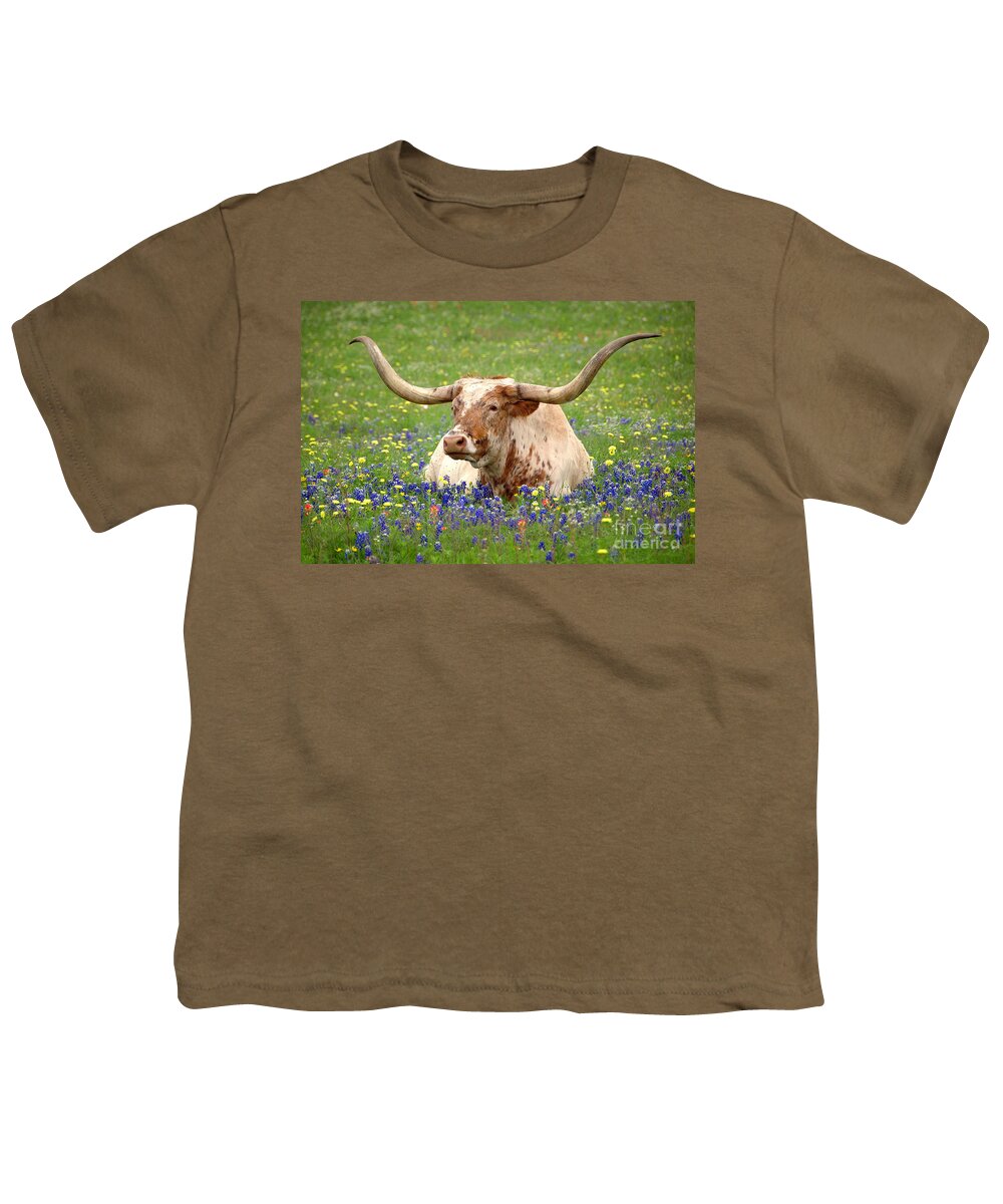 Texas Longhorn In Bluebonnets Youth T-Shirt featuring the photograph Texas Longhorn in Bluebonnets by Jon Holiday