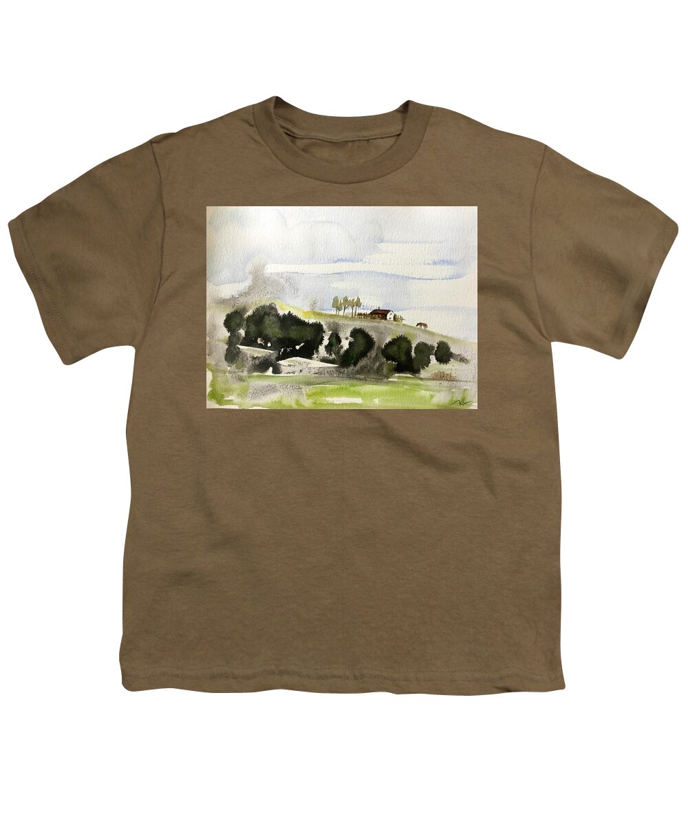 A House Youth T-Shirt featuring the painting The house on the hill by Katerina Kovatcheva