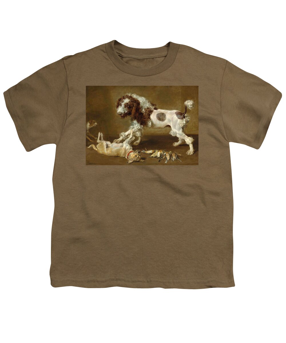 Paul De Vos Youth T-Shirt featuring the painting Three dogs playing, with songbirds on the floor by Paul de Vos