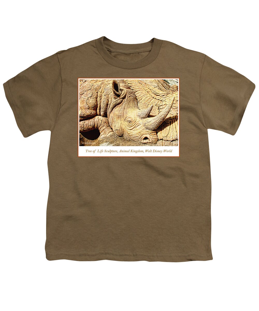 Rhinoceros Youth T-Shirt featuring the photograph Tree of Life Sculpture Rhinoceros, Animal Kingdom, Walt Disney W by A Macarthur Gurmankin