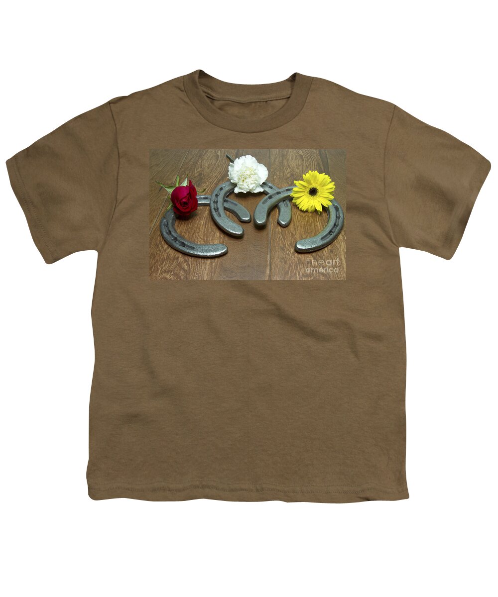 Triple Crown Youth T-Shirt featuring the photograph Triple Crown Flowers on Horseshoes by Karen Foley
