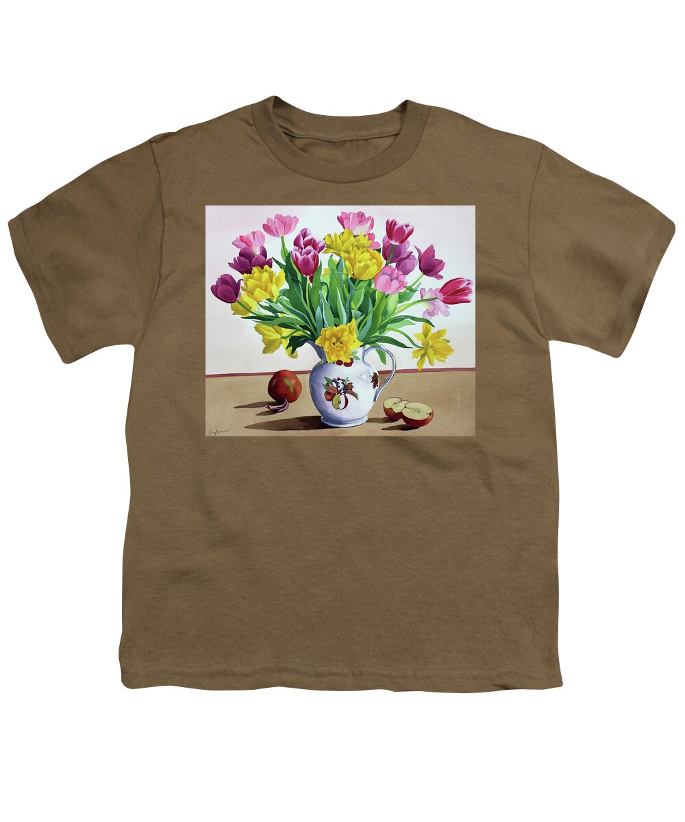 Pink Youth T-Shirt featuring the painting Tulips in Jug with Apples by Christopher Ryland