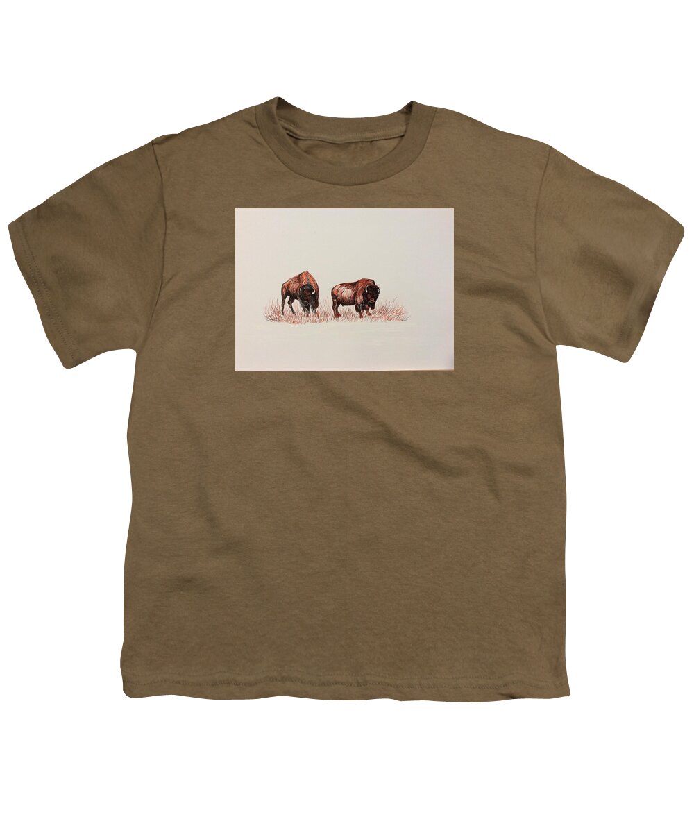 Bison Youth T-Shirt featuring the drawing Two Grumpy Bisons by Ellen Canfield