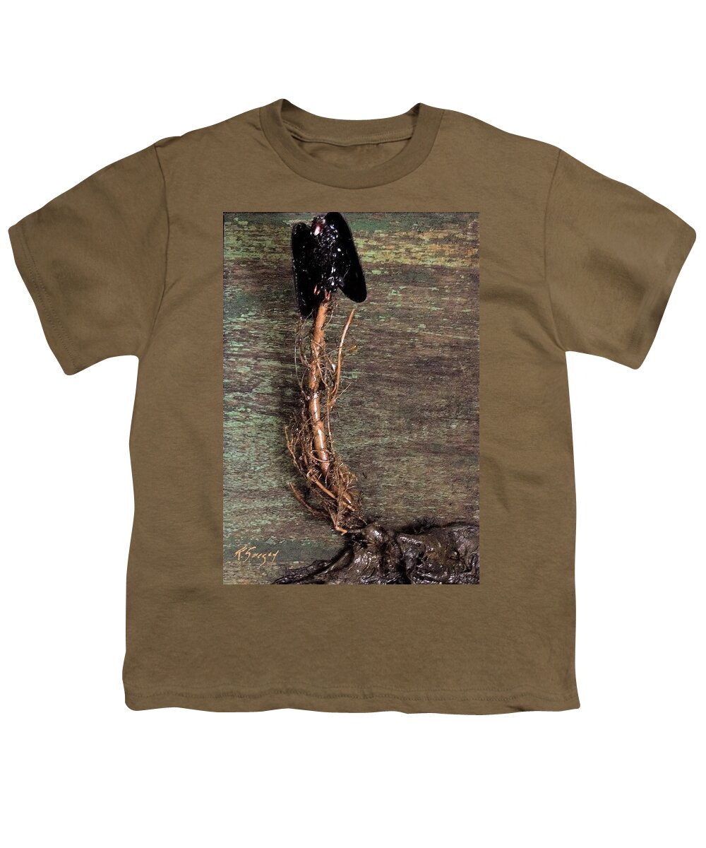 3d Youth T-Shirt featuring the mixed media Vulture with green brown background by Roger Swezey