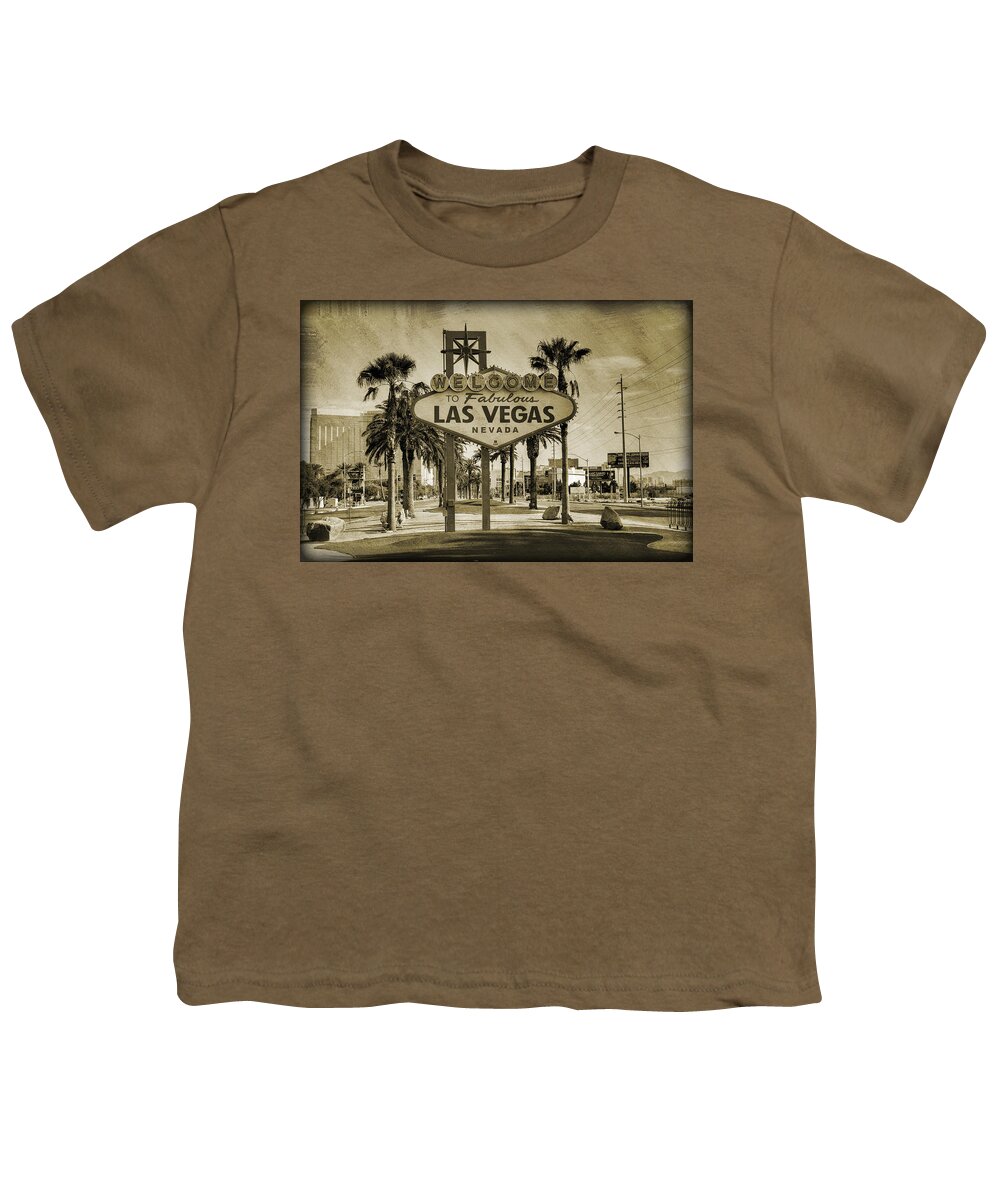 #faatoppicks Youth T-Shirt featuring the photograph Welcome To Las Vegas Series Sepia Grunge by Ricky Barnard