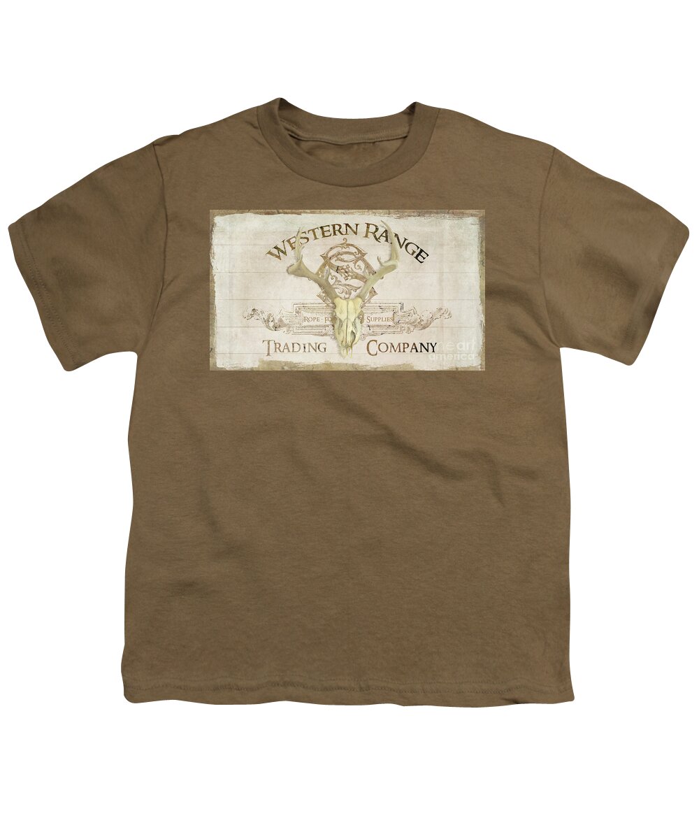 Western Youth T-Shirt featuring the painting Western Range 3 Old West Deer Skull Wooden Sign Trading Company by Audrey Jeanne Roberts