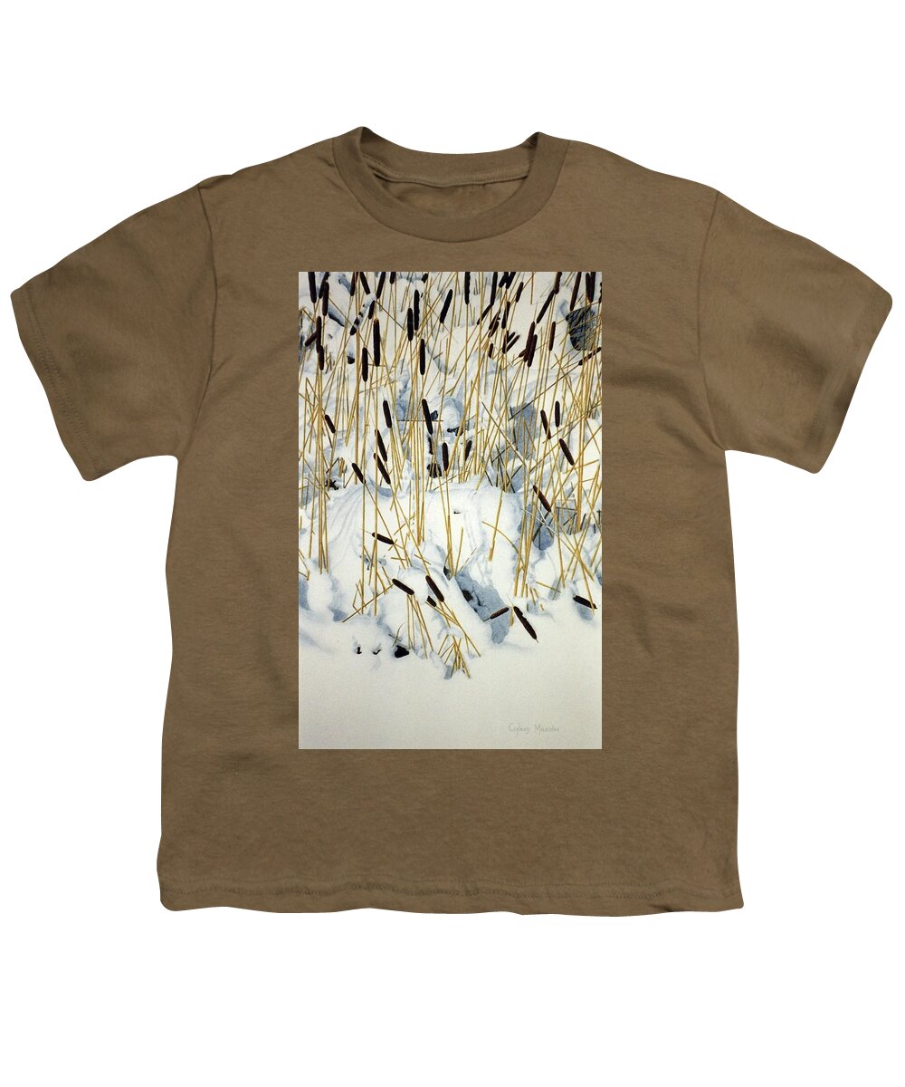 Cattails Youth T-Shirt featuring the painting Winter Cattails by Conrad Mieschke