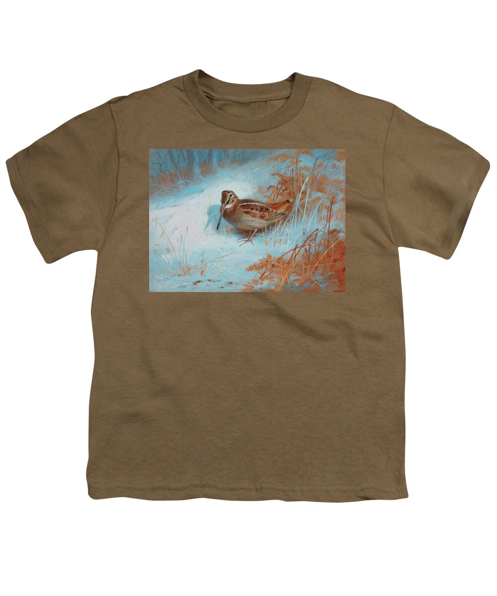 Woodcock Youth T-Shirt featuring the painting A woodcock in the snow by Archibald Thorburn