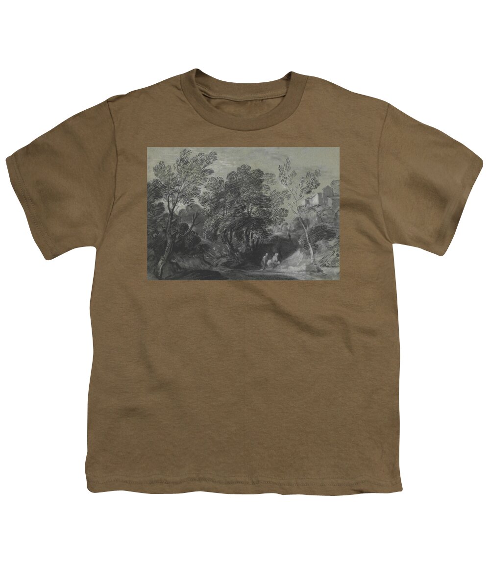 18th Century Art Youth T-Shirt featuring the drawing Wooded Landscape with Figures and Houses on the Hill by Thomas Gainsborough
