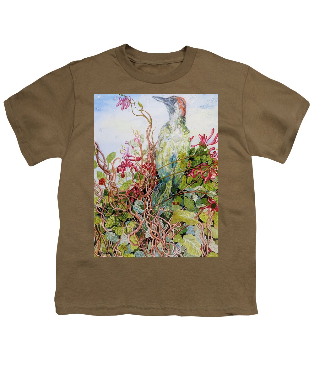 Woodpecker In The Honeysuckle Youth T-Shirt featuring the painting Woodpecker in the Honeysuckle by Joan Thewsey