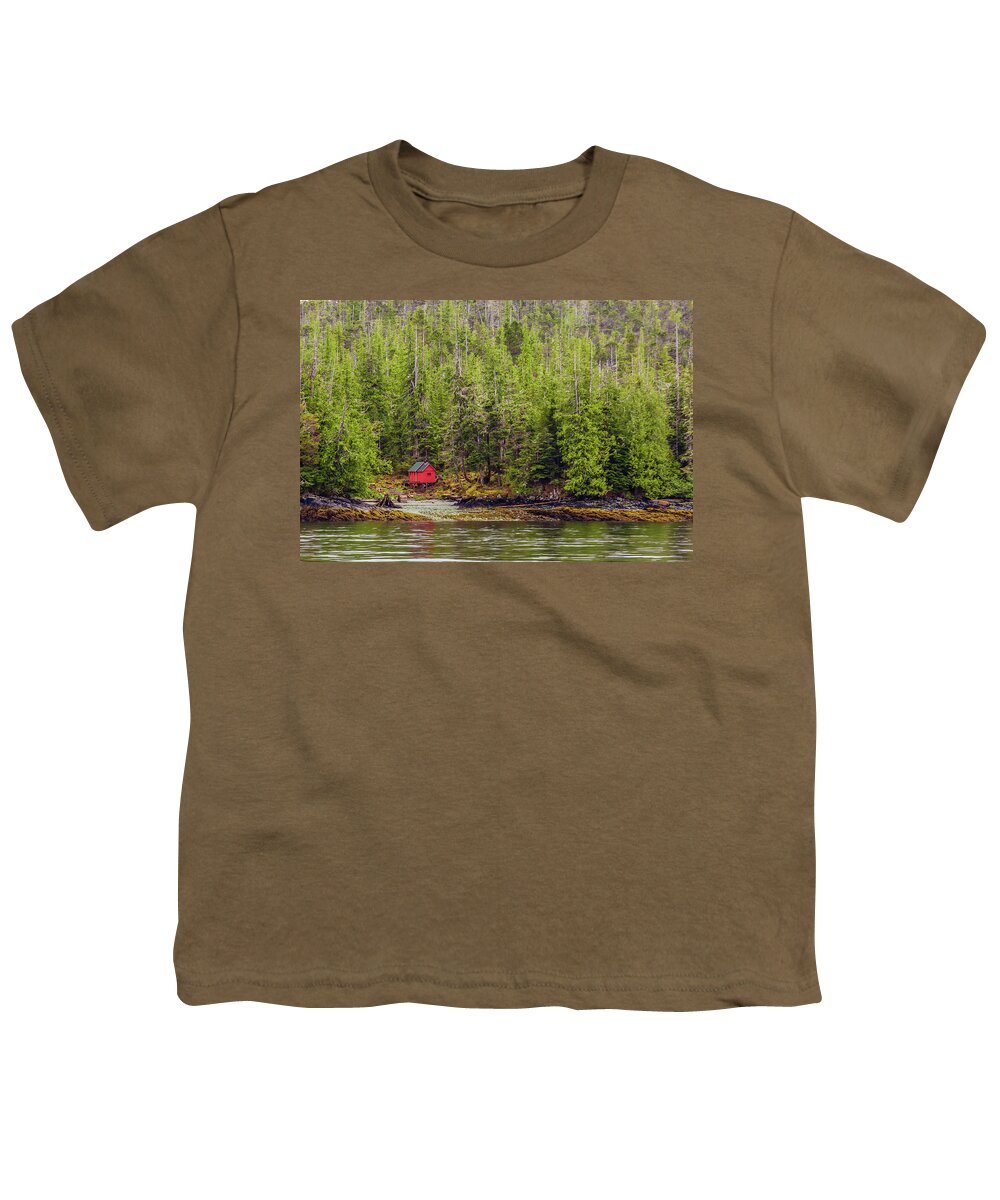Alaska Youth T-Shirt featuring the photograph Red Cabin on Edge of Alaskan Waterway in Evergreen Forest #1 by Darryl Brooks