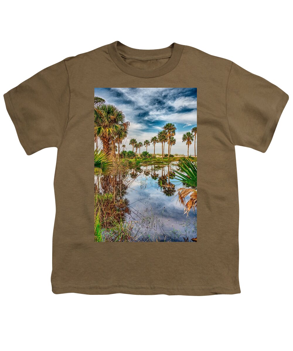 Beach Youth T-Shirt featuring the photograph Reflections Of Palm Trees On Hunting Island South Carolina #1 by Alex Grichenko