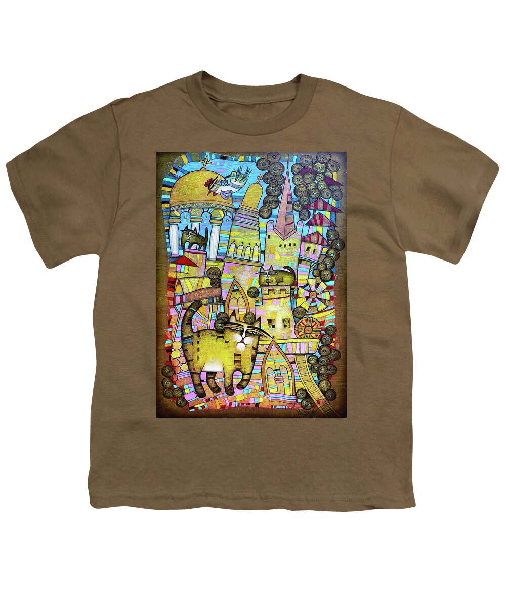Village Youth T-Shirt featuring the painting The village of 100 cats by Albena Vatcheva