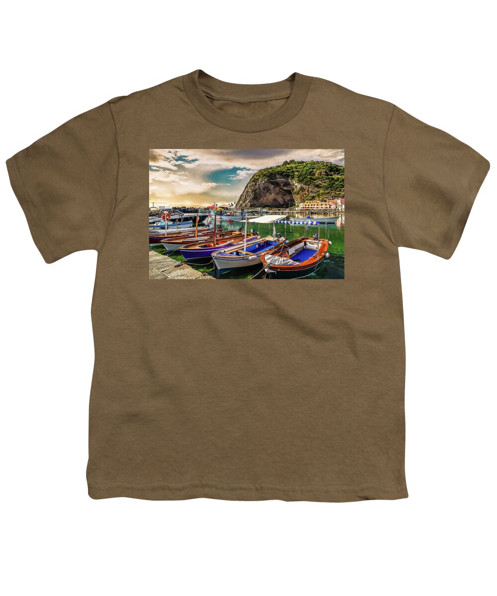 Boats Youth T-Shirt featuring the photograph Moored Boats Under Promontory #3 by Vivida Photo PC