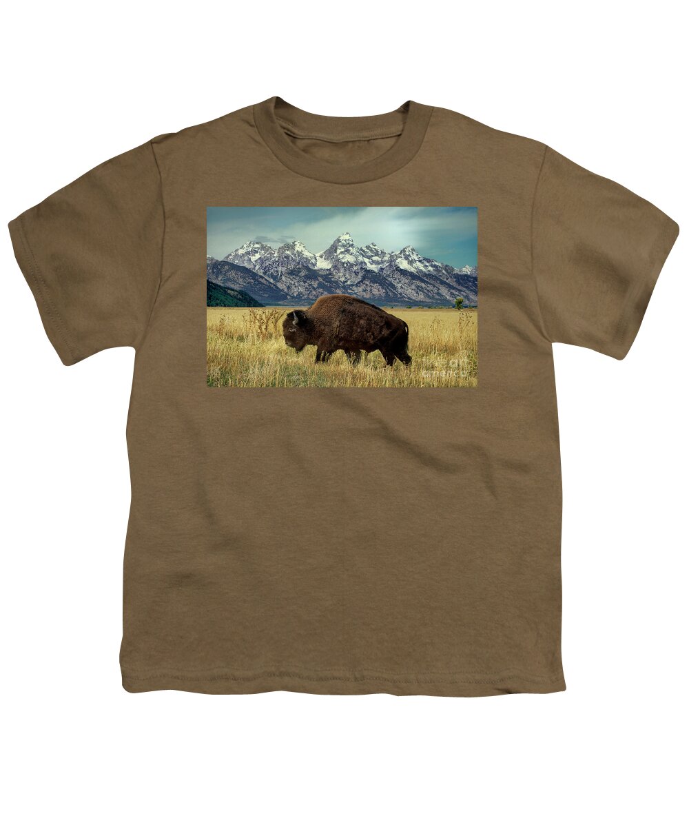 Dave Welling Youth T-Shirt featuring the photograph Adult Bison Bison Bison Wild Wyoming by Dave Welling