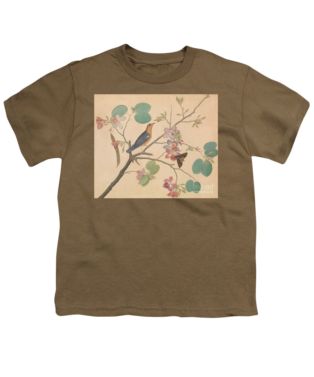 Orchid Youth T-Shirt featuring the painting An Orange Headed Ground Thrush and a Deaths Head Moth on a Purple Ebony Orchid Branch, 1788 by Sheikh Zainuddin