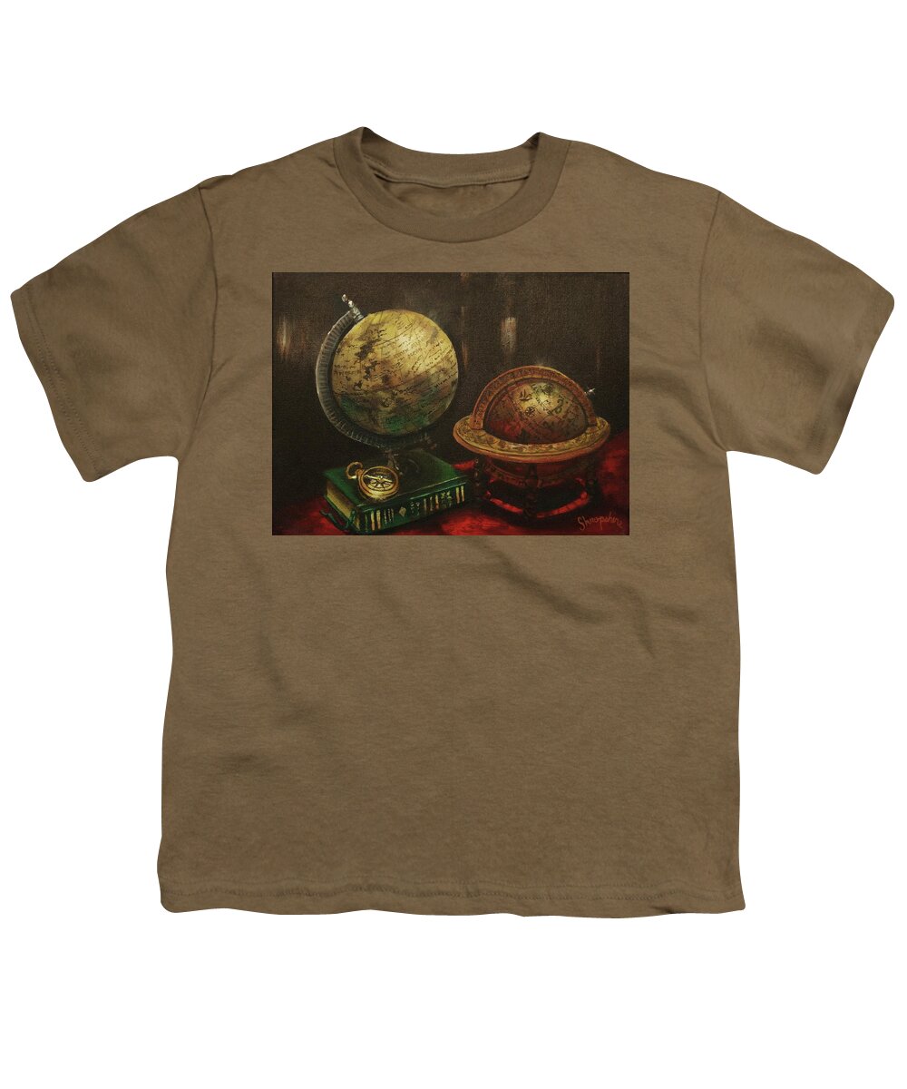 Explorers’ Club Youth T-Shirt featuring the painting Armchair Traveler by Tom Shropshire