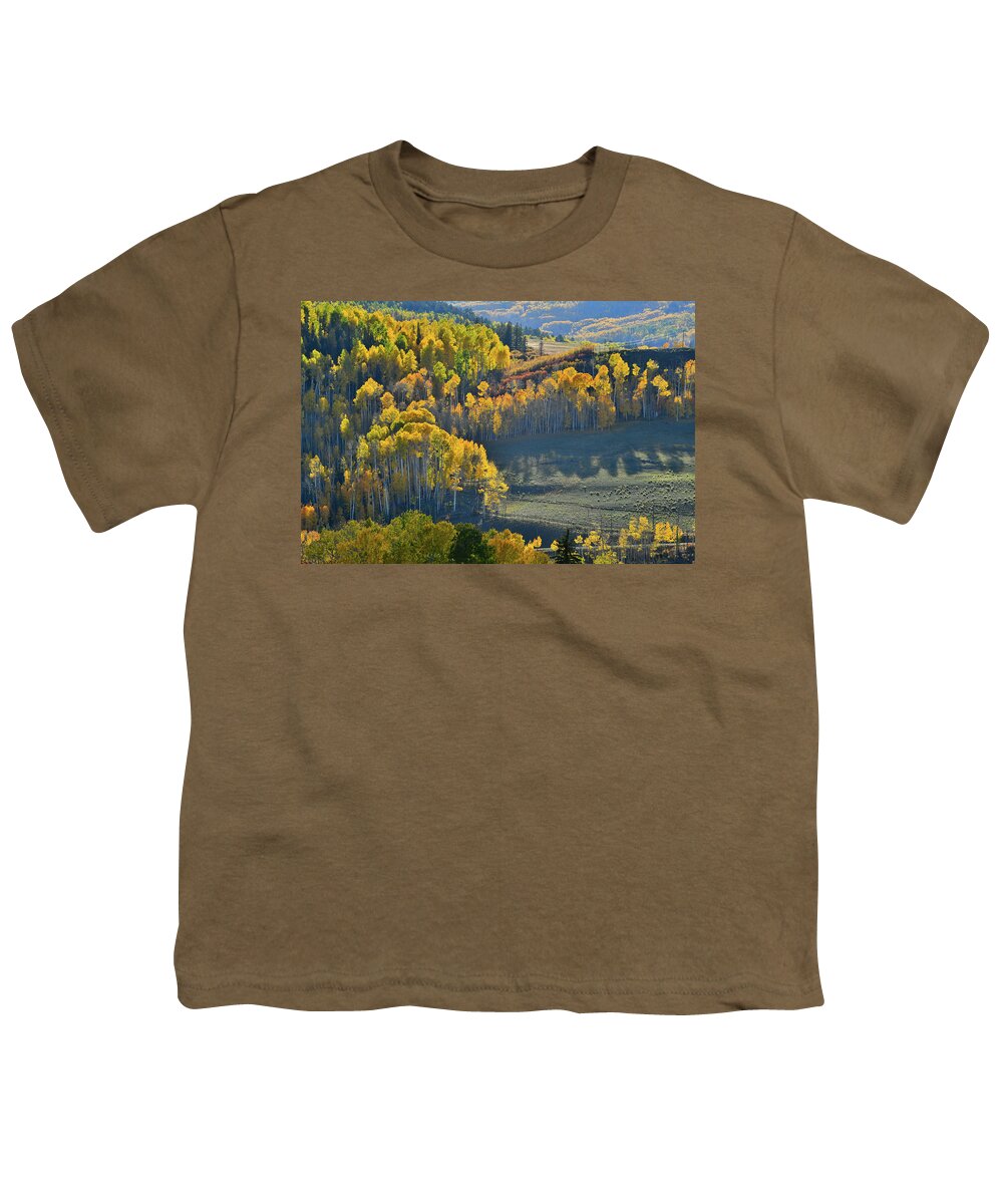 Wilson Mesa Youth T-Shirt featuring the photograph Aspen Groves Aglow on Wilson Mesa by Ray Mathis