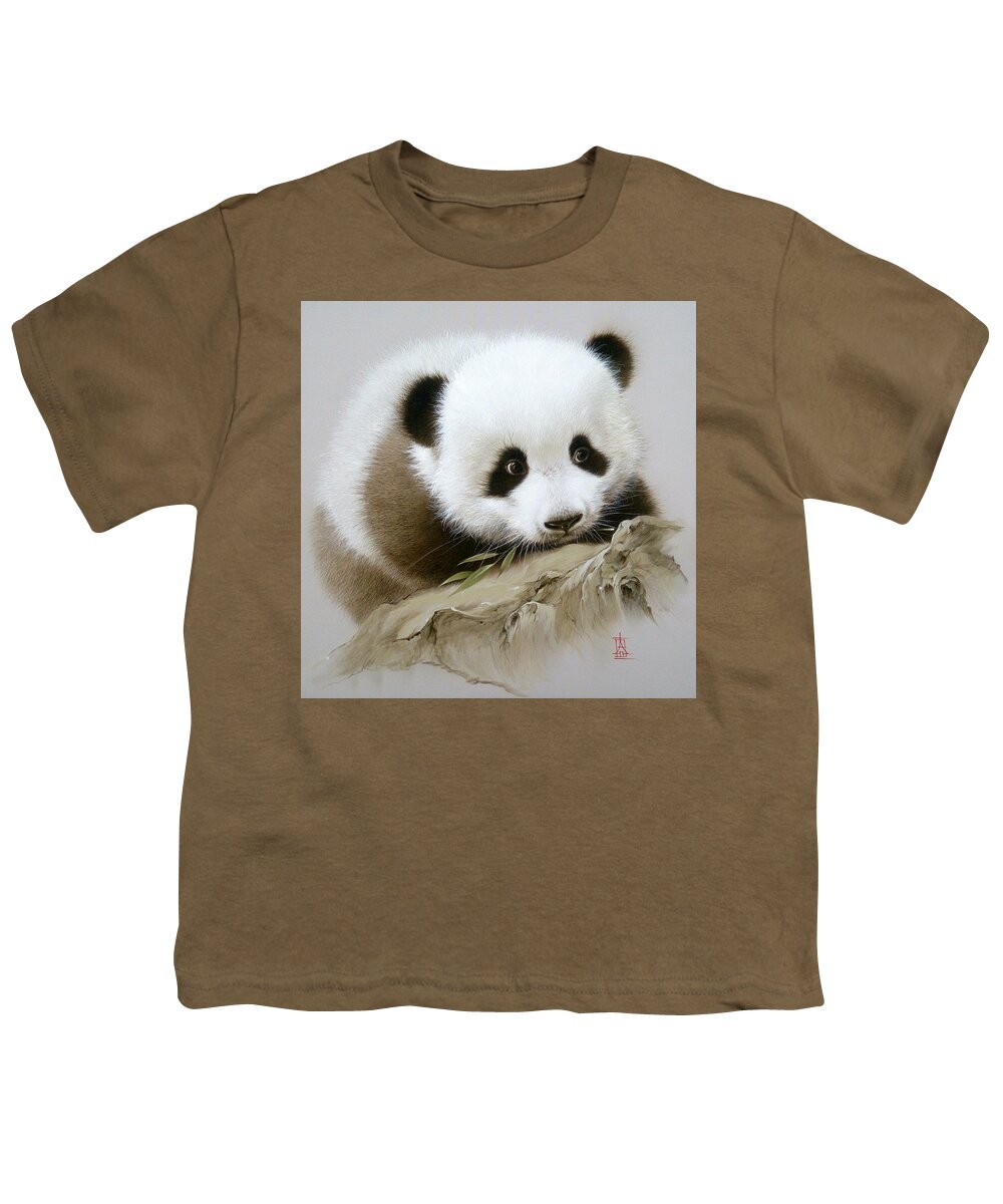 Russian Artists New Wave Youth T-Shirt featuring the painting Baby Panda with Bamboo Leaves by Alina Oseeva
