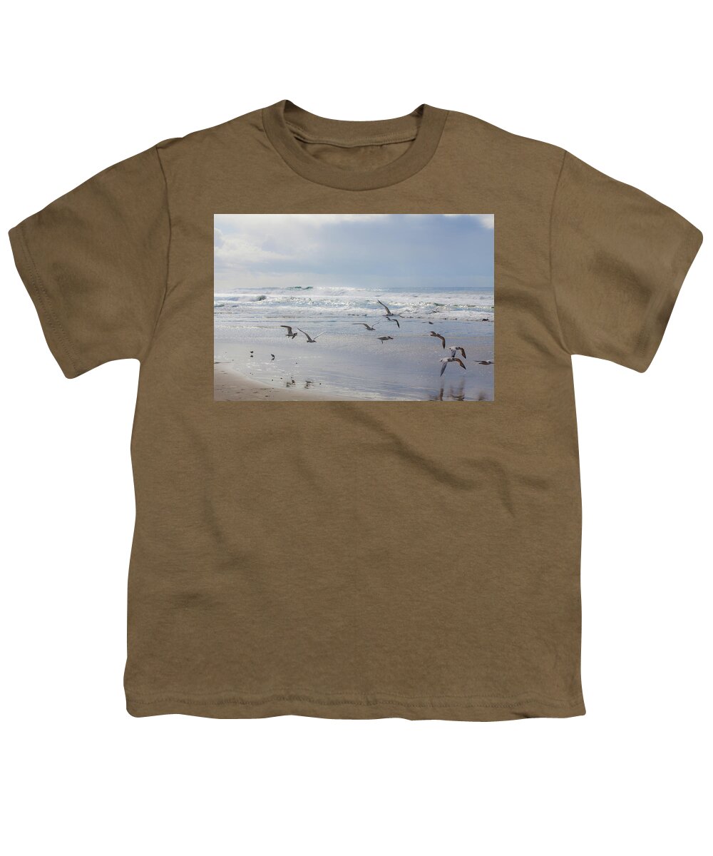  Youth T-Shirt featuring the photograph Bird Flight at Moonlight Beach by Catherine Walters