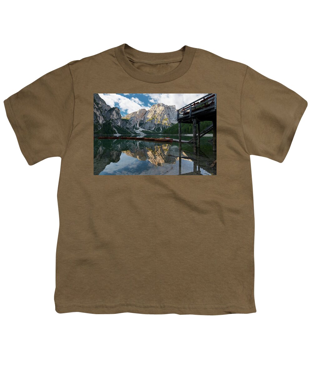 Lago De Braies Youth T-Shirt featuring the photograph Boathouse at Lago Di Braies by Jon Glaser