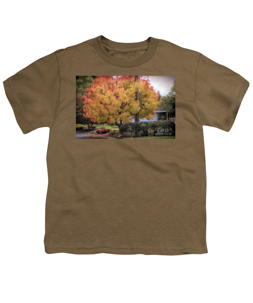Autumn Youth T-Shirt featuring the digital art Brilliant Fall Color Tree Yellows Oranges Seasons by Chuck Kuhn