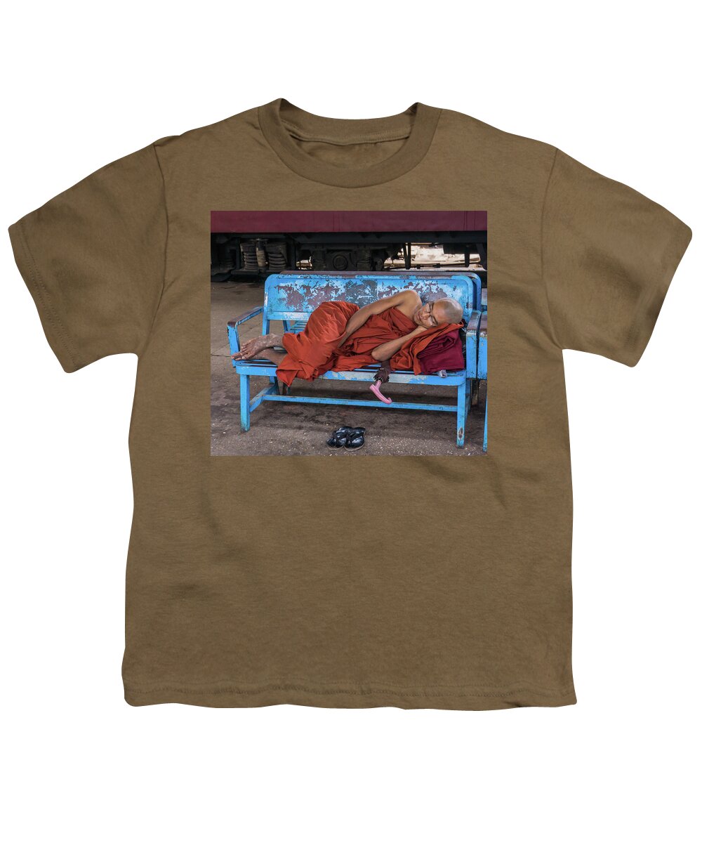 Monk Youth T-Shirt featuring the photograph Burmese monk resting on bench by Ann Moore