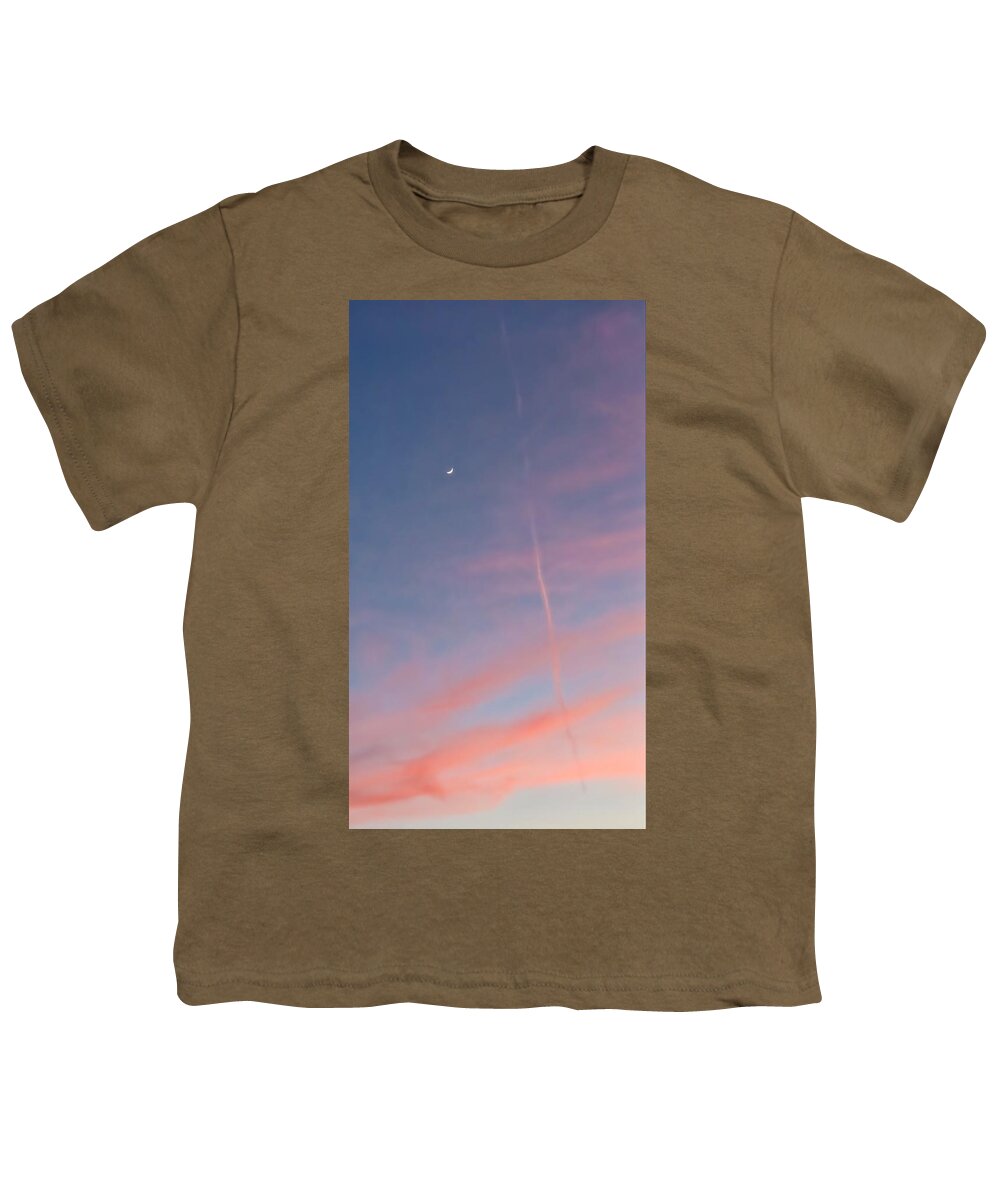 Arizona Youth T-Shirt featuring the photograph Cancerian Crescent and Contrail Sunset by Judy Kennedy