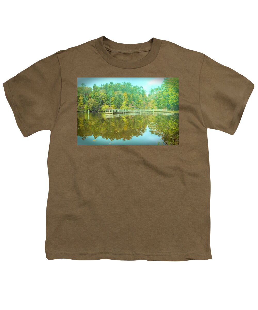 Appalachia Youth T-Shirt featuring the photograph Dock Reflections Misty Morning by Debra and Dave Vanderlaan