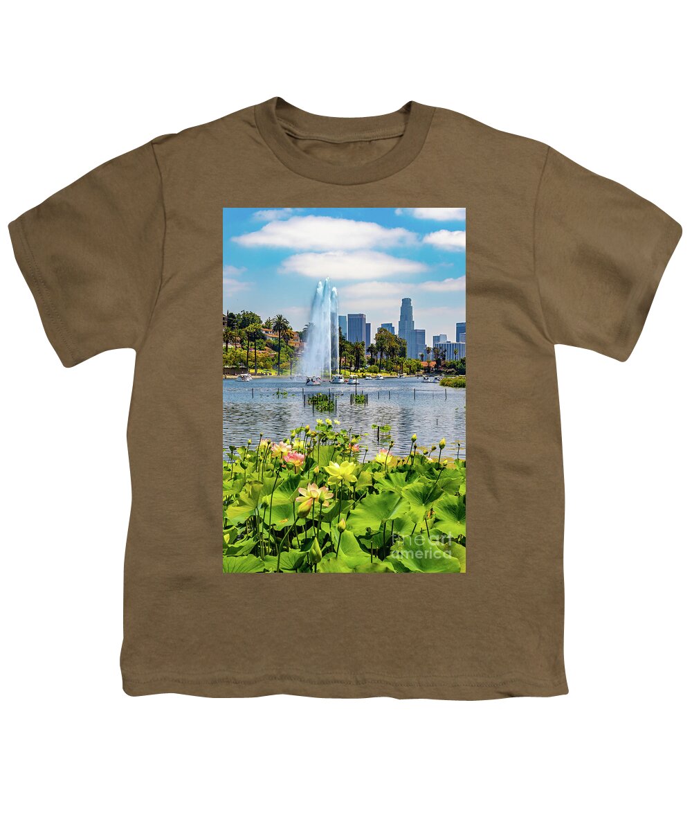 California Youth T-Shirt featuring the photograph Echo Park Lake with Lotus and Fountains by Roslyn Wilkins
