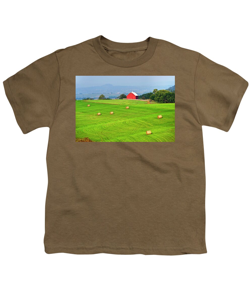 Estock Youth T-Shirt featuring the digital art Farm With Red Barn, Iowa by Heeb Photos