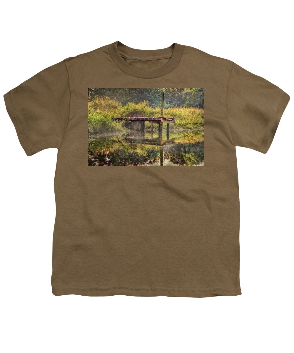 Dock Youth T-Shirt featuring the photograph Old Dock With Fog At Blind Brook by Cordia Murphy