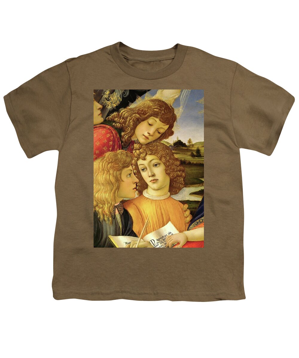 Florentine Youth T-Shirt featuring the painting Four angels. Detail from the Coronation of the Madonna and Child -Madonna of the Magnificat-. by Sandro Botticelli -1445-1510-