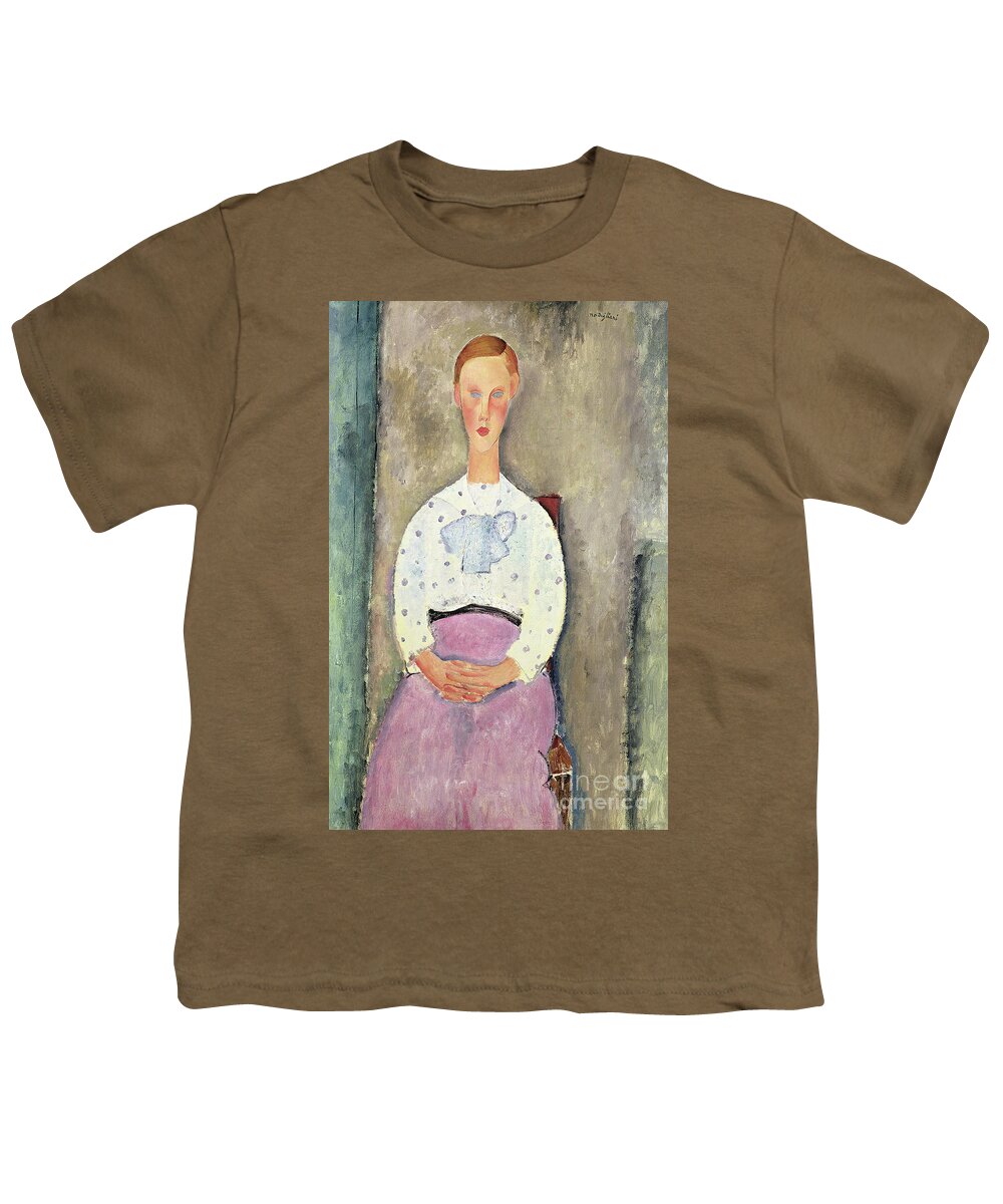 Female Youth T-Shirt featuring the painting Girl with a Polka Dot Blouse, 1919 by Amedeo Modigliani