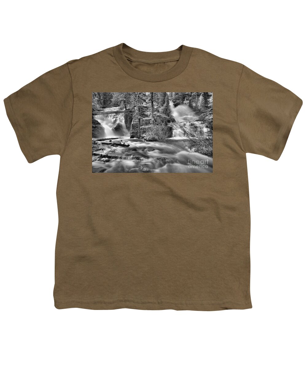 Twin Falls Youth T-Shirt featuring the photograph Glacier Park Twin Falls Black And White by Adam Jewell