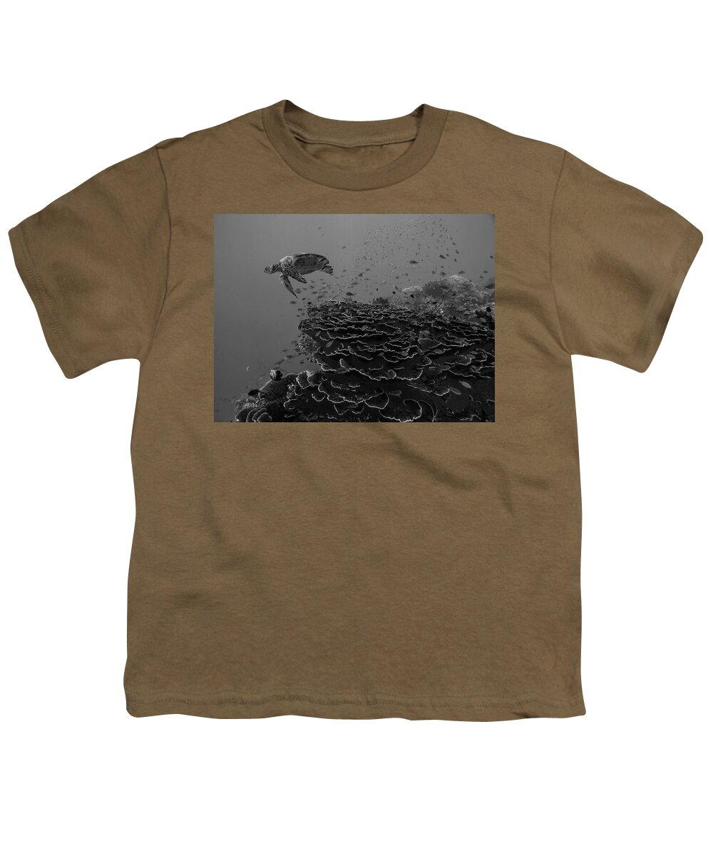 Disk1215 Youth T-Shirt featuring the photograph Green Sea Turtle Over Coral Reef by Tim Fitzharris