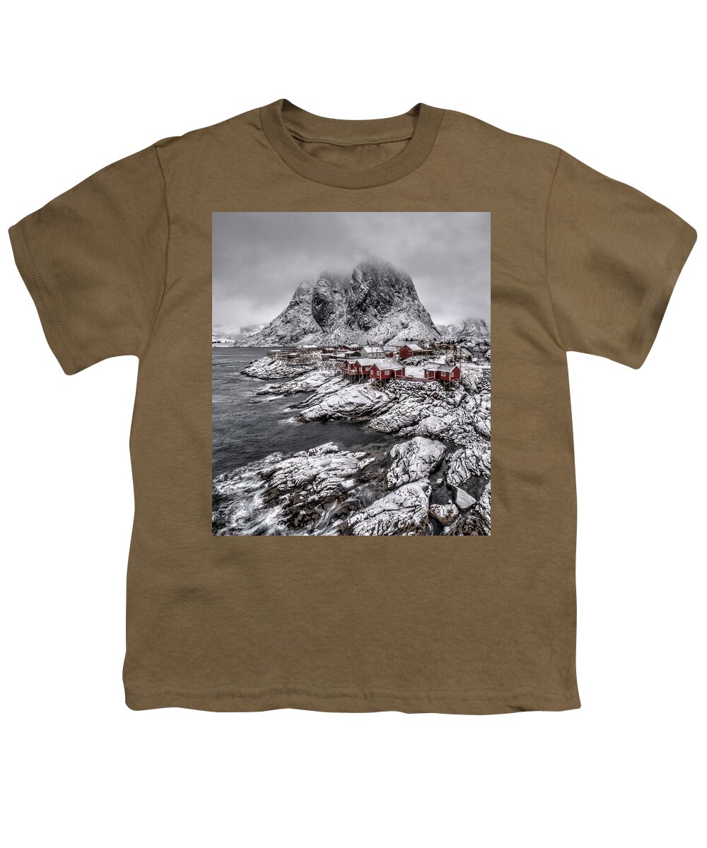 Hamnoy Youth T-Shirt featuring the photograph Hamnoy Snow Scene by Roberta Kayne